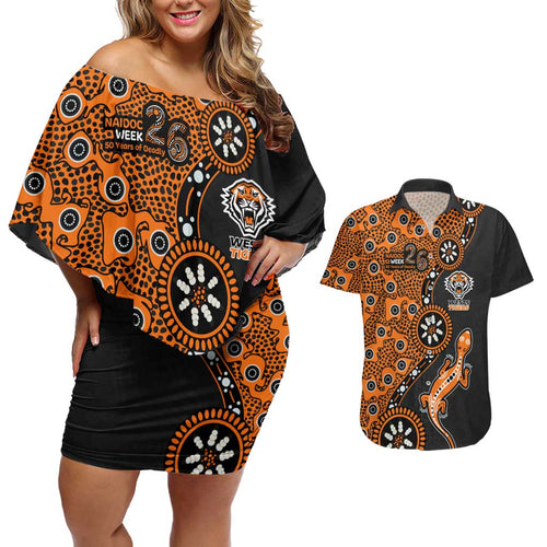 Wests Tigers NAIDOC Week 2026 Couples Matching Off Shoulder Short Dress and Hawaiian Shirt Aboriginal Lizard Dot Painting - 50 Years of Deadly