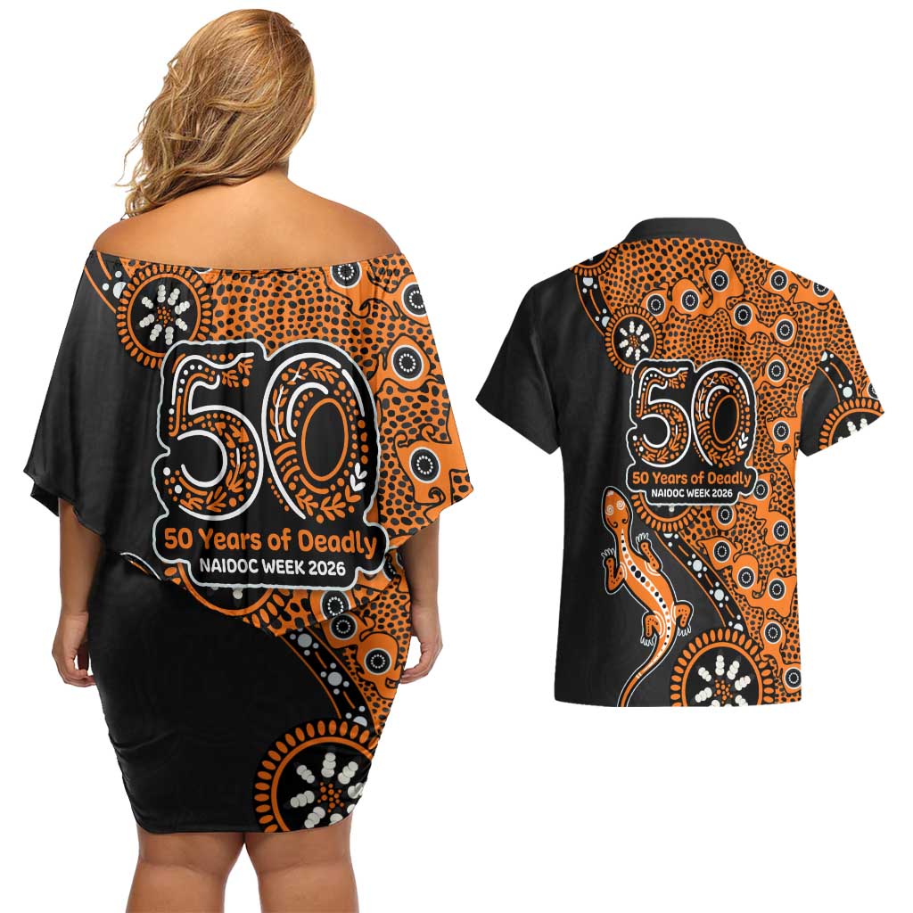 Wests Tigers NAIDOC Week 2026 Couples Matching Off Shoulder Short Dress and Hawaiian Shirt Aboriginal Lizard Dot Painting - 50 Years of Deadly