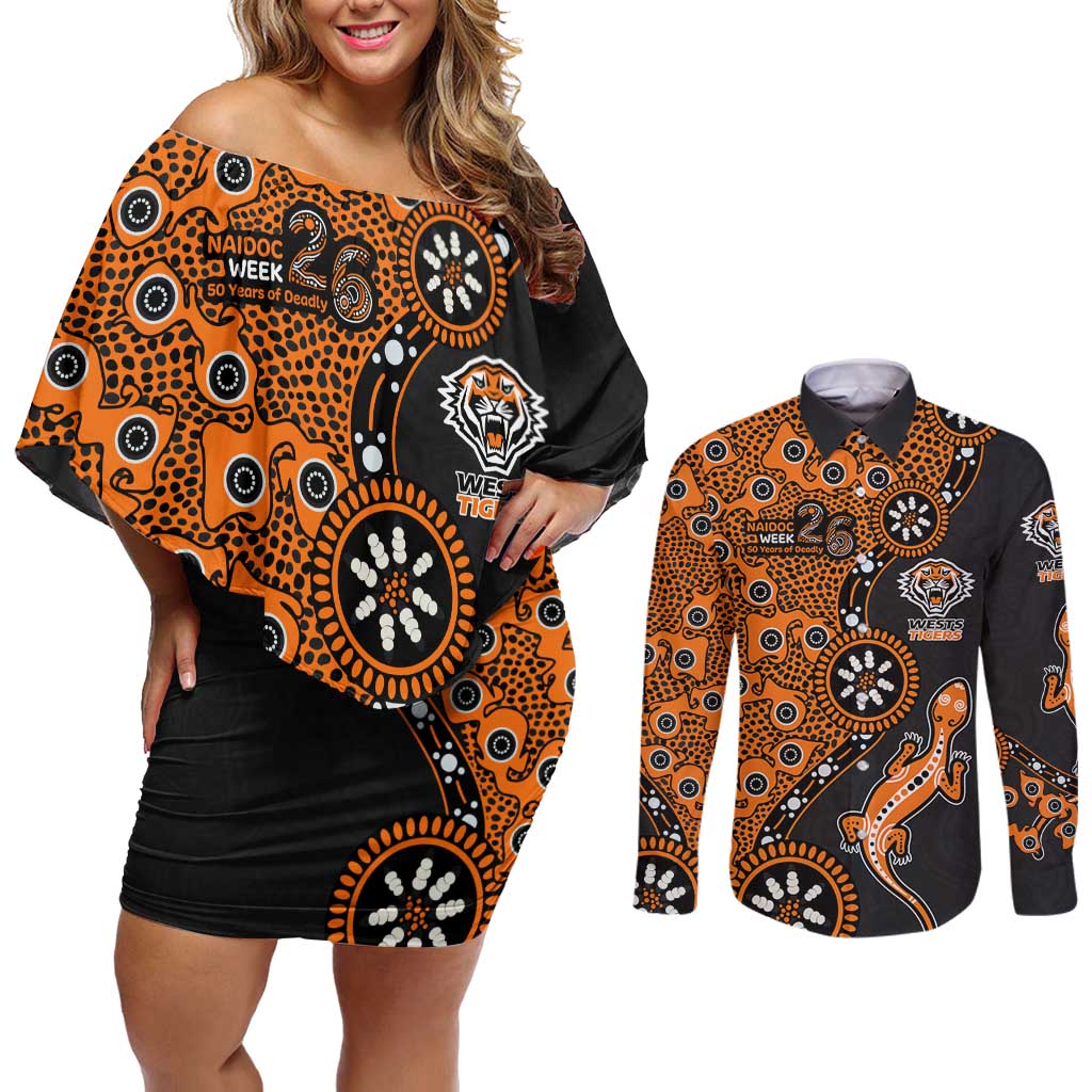 Wests Tigers NAIDOC Week 2026 Couples Matching Off Shoulder Short Dress and Long Sleeve Button Shirt Aboriginal Lizard Dot Painting - 50 Years of Deadly