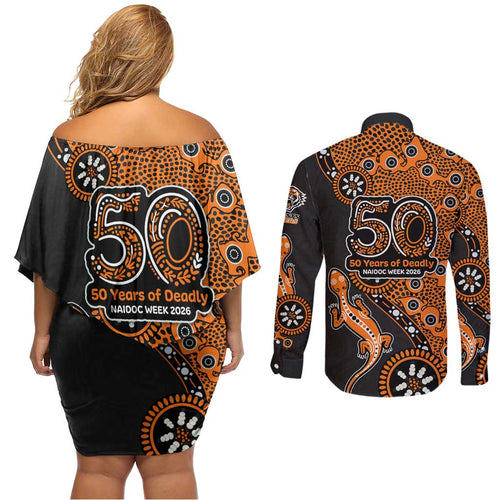 Wests Tigers NAIDOC Week 2026 Couples Matching Off Shoulder Short Dress and Long Sleeve Button Shirt Aboriginal Lizard Dot Painting - 50 Years of Deadly