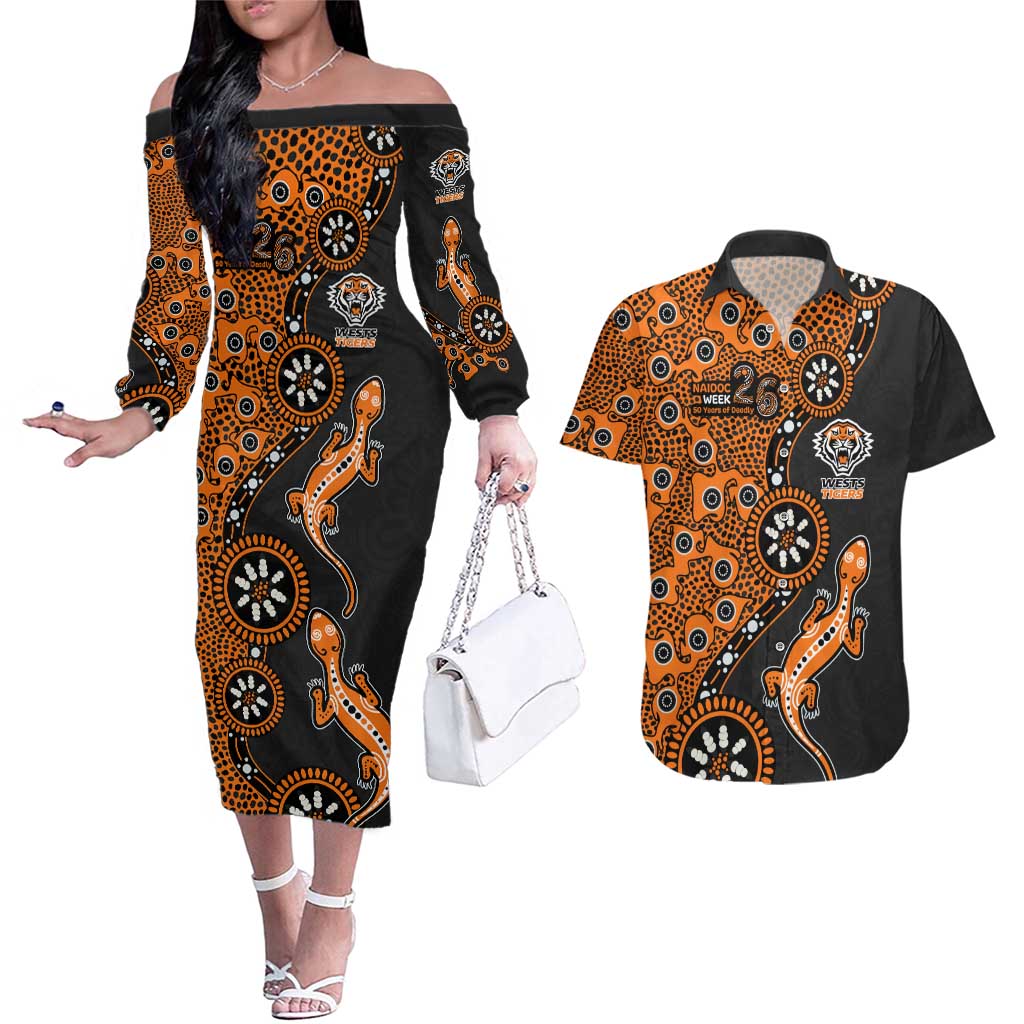Wests Tigers NAIDOC Week 2026 Couples Matching Off The Shoulder Long Sleeve Dress and Hawaiian Shirt Aboriginal Lizard Dot Painting - 50 Years of Deadly