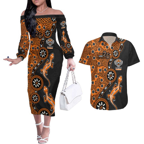 Wests Tigers NAIDOC Week 2026 Couples Matching Off The Shoulder Long Sleeve Dress and Hawaiian Shirt Aboriginal Lizard Dot Painting - 50 Years of Deadly