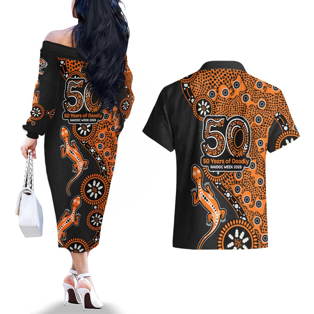 Wests Tigers NAIDOC Week 2026 Couples Matching Off The Shoulder Long Sleeve Dress and Hawaiian Shirt Aboriginal Lizard Dot Painting - 50 Years of Deadly