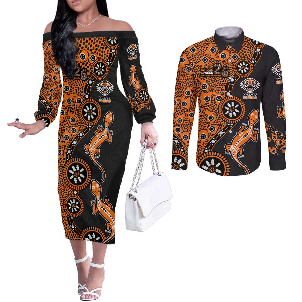 Wests Tigers NAIDOC Week 2026 Couples Matching Off The Shoulder Long Sleeve Dress and Long Sleeve Button Shirt Aboriginal Lizard Dot Painting - 50 Years of Deadly