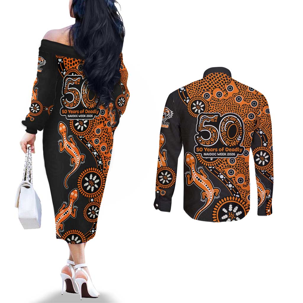 Wests Tigers NAIDOC Week 2026 Couples Matching Off The Shoulder Long Sleeve Dress and Long Sleeve Button Shirt Aboriginal Lizard Dot Painting - 50 Years of Deadly