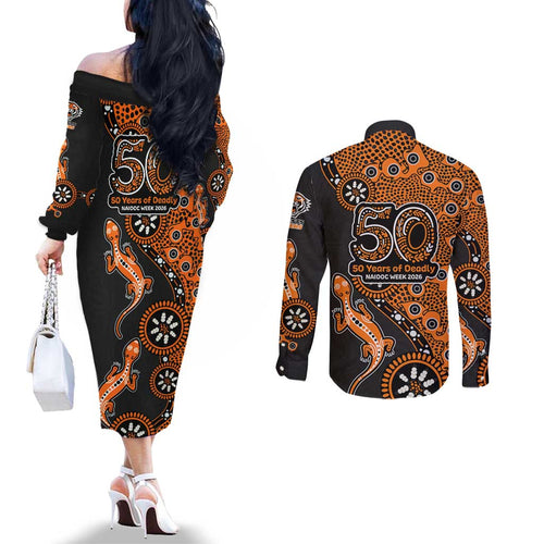 Wests Tigers NAIDOC Week 2026 Couples Matching Off The Shoulder Long Sleeve Dress and Long Sleeve Button Shirt Aboriginal Lizard Dot Painting - 50 Years of Deadly
