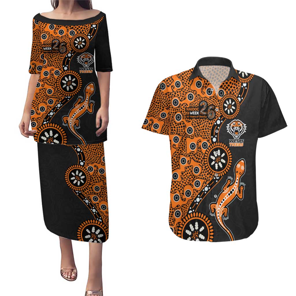 Wests Tigers NAIDOC Week 2026 Couples Matching Puletasi and Hawaiian Shirt Aboriginal Lizard Dot Painting - 50 Years of Deadly