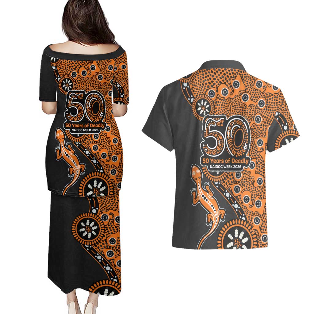 Wests Tigers NAIDOC Week 2026 Couples Matching Puletasi and Hawaiian Shirt Aboriginal Lizard Dot Painting - 50 Years of Deadly