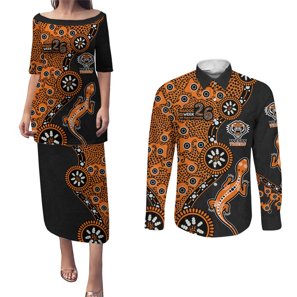Wests Tigers NAIDOC Week 2026 Couples Matching Puletasi and Long Sleeve Button Shirt Aboriginal Lizard Dot Painting - 50 Years of Deadly