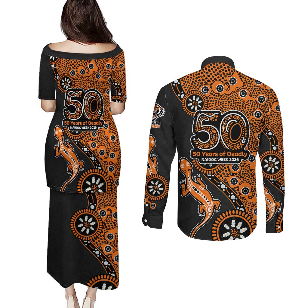 Wests Tigers NAIDOC Week 2026 Couples Matching Puletasi and Long Sleeve Button Shirt Aboriginal Lizard Dot Painting - 50 Years of Deadly