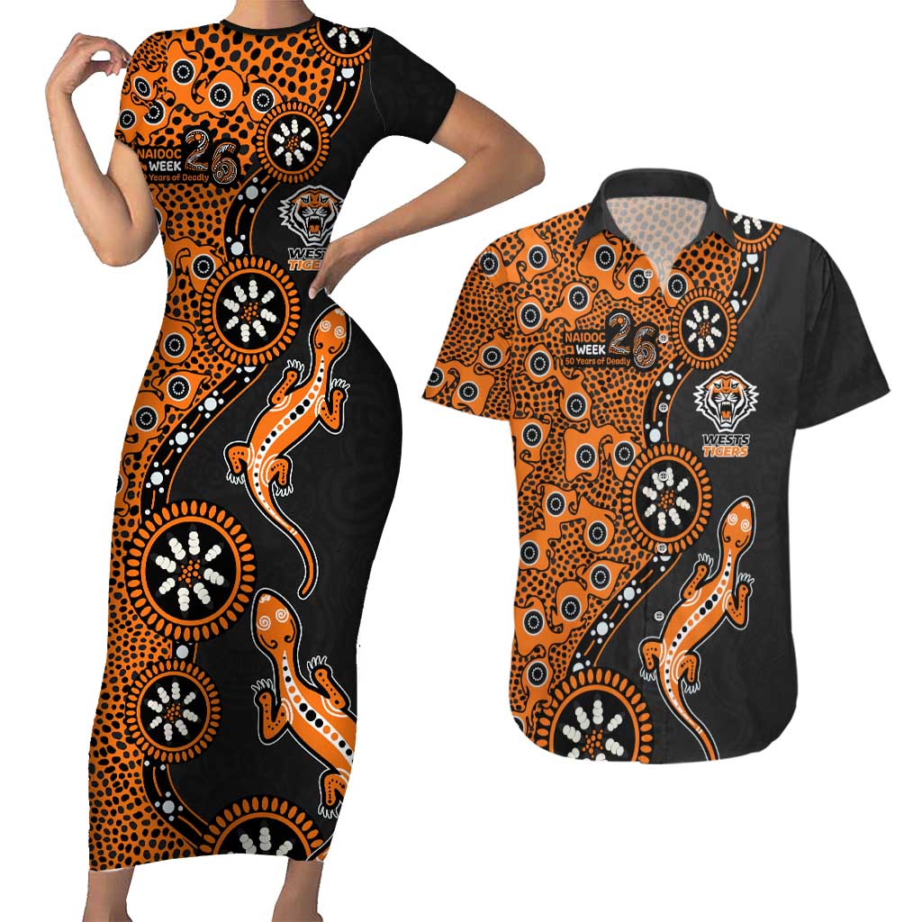 Wests Tigers NAIDOC Week 2026 Couples Matching Short Sleeve Bodycon Dress and Hawaiian Shirt Aboriginal Lizard Dot Painting - 50 Years of Deadly