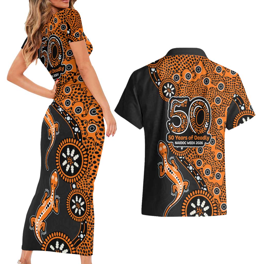 Wests Tigers NAIDOC Week 2026 Couples Matching Short Sleeve Bodycon Dress and Hawaiian Shirt Aboriginal Lizard Dot Painting - 50 Years of Deadly