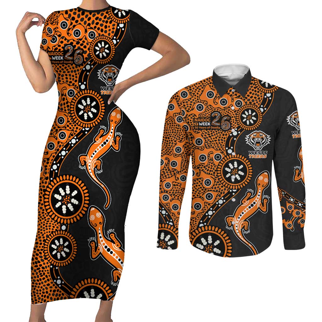 Wests Tigers NAIDOC Week 2026 Couples Matching Short Sleeve Bodycon Dress and Long Sleeve Button Shirt Aboriginal Lizard Dot Painting - 50 Years of Deadly