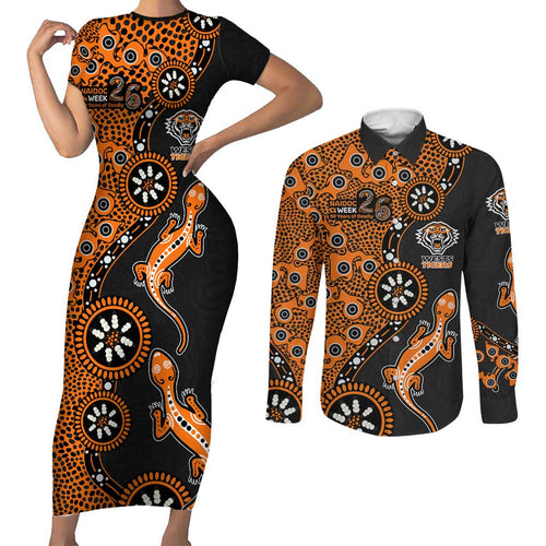 Wests Tigers NAIDOC Week 2026 Couples Matching Short Sleeve Bodycon Dress and Long Sleeve Button Shirt Aboriginal Lizard Dot Painting - 50 Years of Deadly
