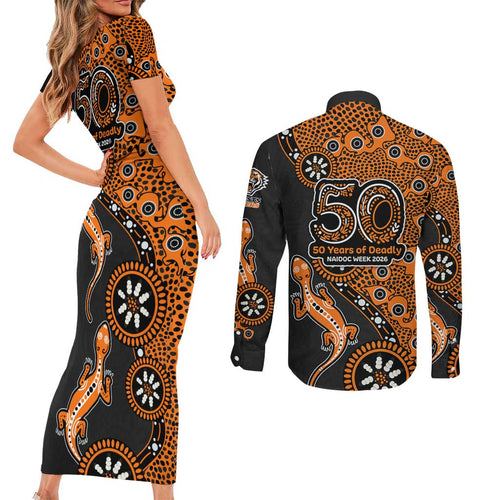 Wests Tigers NAIDOC Week 2026 Couples Matching Short Sleeve Bodycon Dress and Long Sleeve Button Shirt Aboriginal Lizard Dot Painting - 50 Years of Deadly