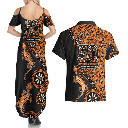 Wests Tigers NAIDOC Week 2026 Couples Matching Summer Maxi Dress and Hawaiian Shirt Aboriginal Lizard Dot Painting - 50 Years of Deadly