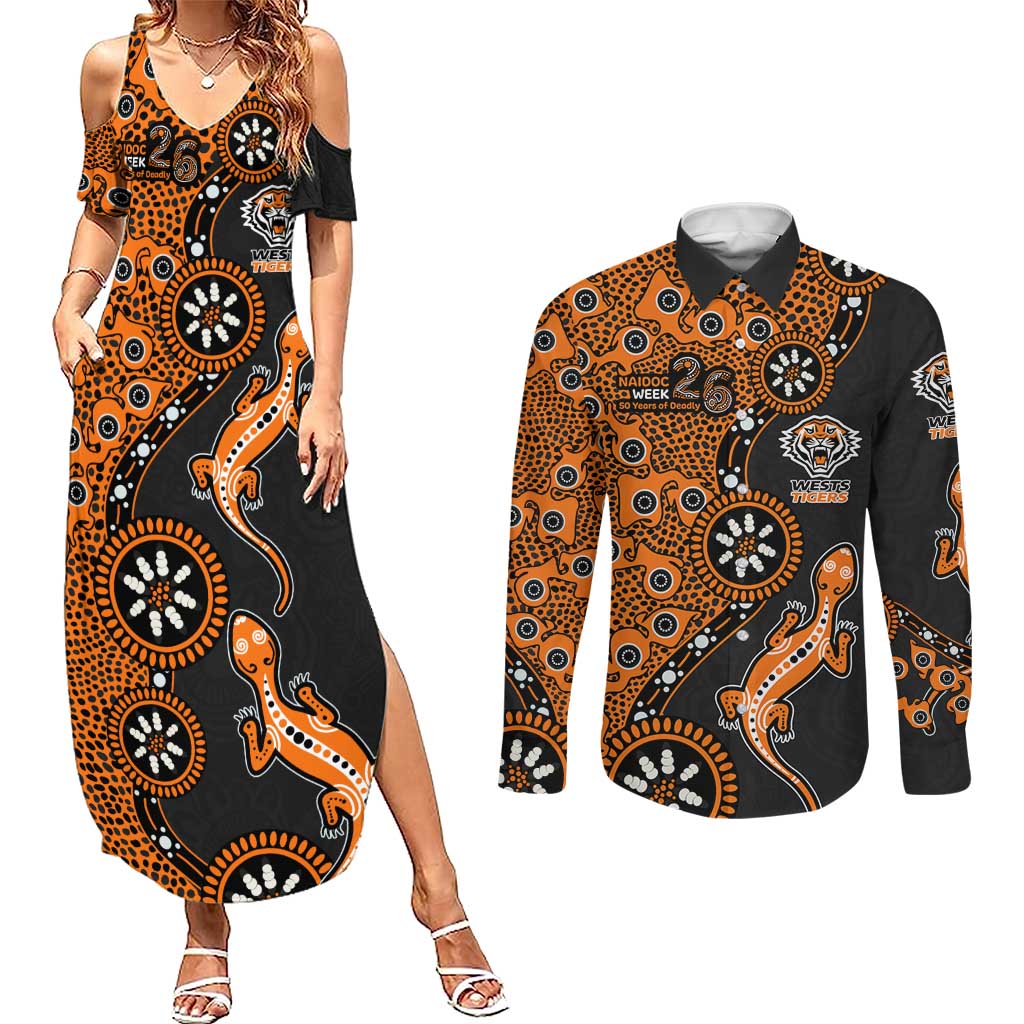 Wests Tigers NAIDOC Week 2026 Couples Matching Summer Maxi Dress and Long Sleeve Button Shirt Aboriginal Lizard Dot Painting - 50 Years of Deadly