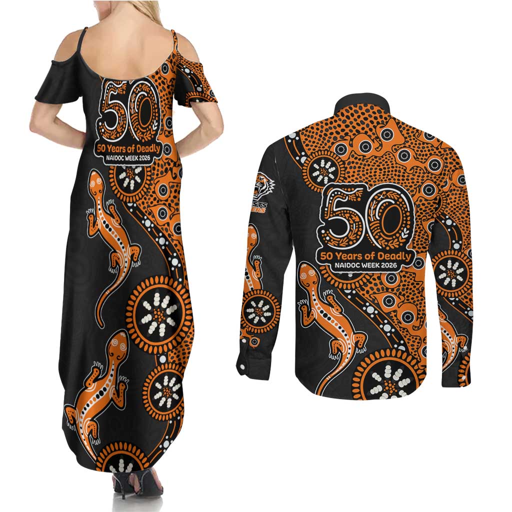 Wests Tigers NAIDOC Week 2026 Couples Matching Summer Maxi Dress and Long Sleeve Button Shirt Aboriginal Lizard Dot Painting - 50 Years of Deadly