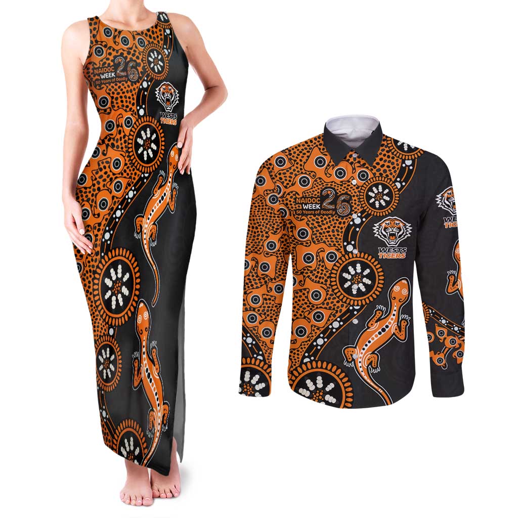 Wests Tigers NAIDOC Week 2026 Couples Matching Tank Maxi Dress and Long Sleeve Button Shirt Aboriginal Lizard Dot Painting - 50 Years of Deadly