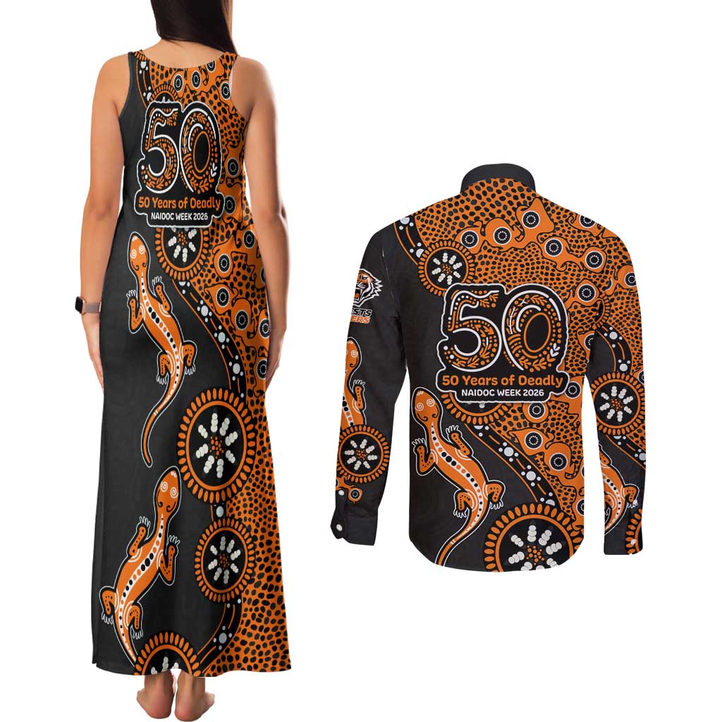 Wests Tigers NAIDOC Week 2026 Couples Matching Tank Maxi Dress and Long Sleeve Button Shirt Aboriginal Lizard Dot Painting - 50 Years of Deadly
