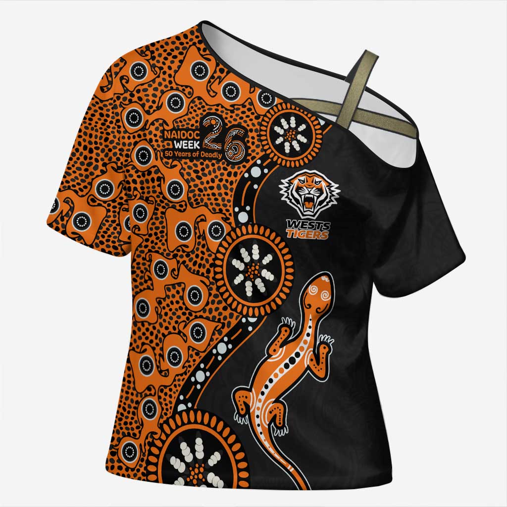 Wests Tigers NAIDOC Week 2026 Cross Shoulder Shirt Aboriginal Lizard Dot Painting - 50 Years of Deadly