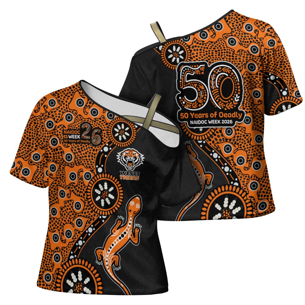 Wests Tigers NAIDOC Week 2026 Cross Shoulder Shirt Aboriginal Lizard Dot Painting - 50 Years of Deadly