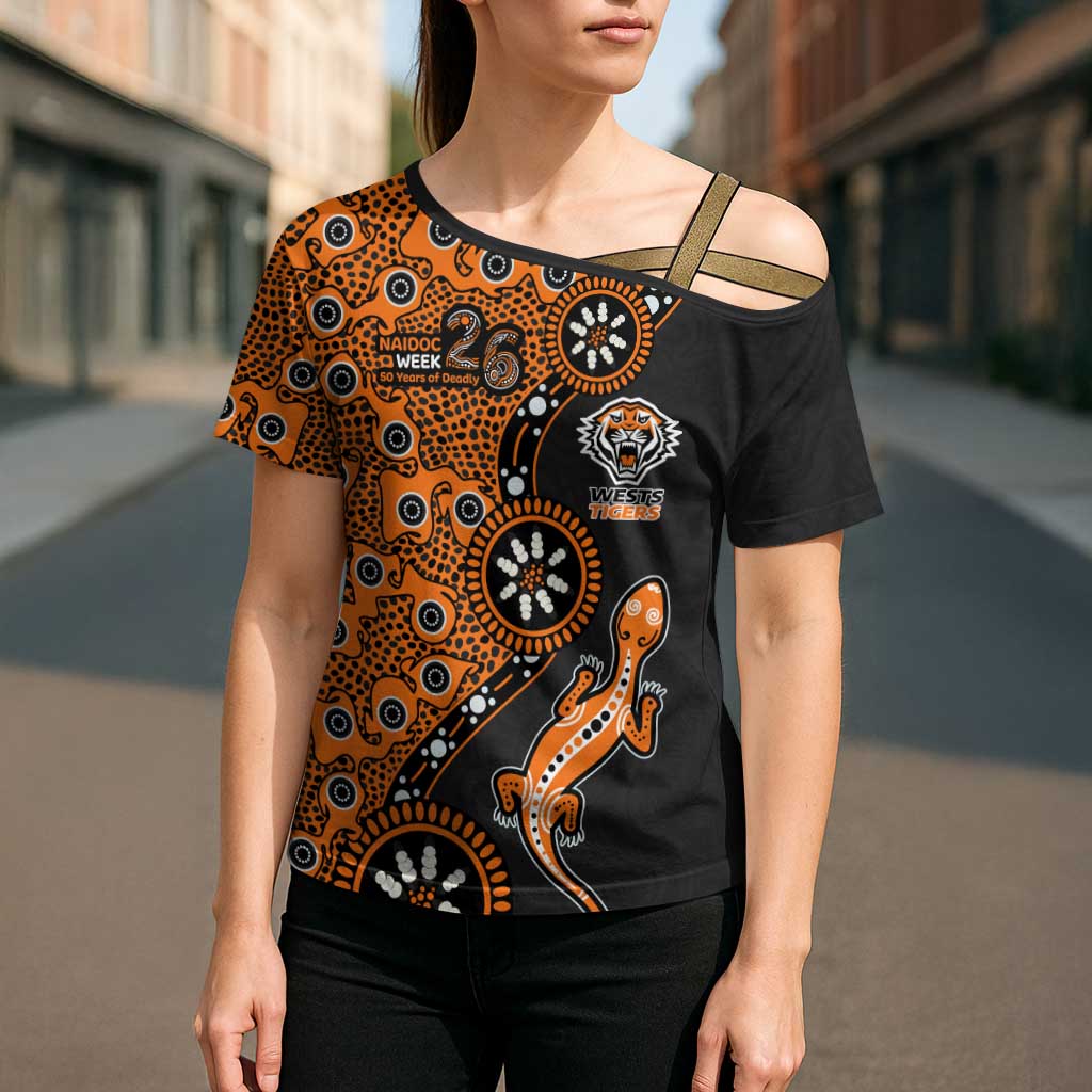 Wests Tigers NAIDOC Week 2026 Cross Shoulder Shirt Aboriginal Lizard Dot Painting - 50 Years of Deadly