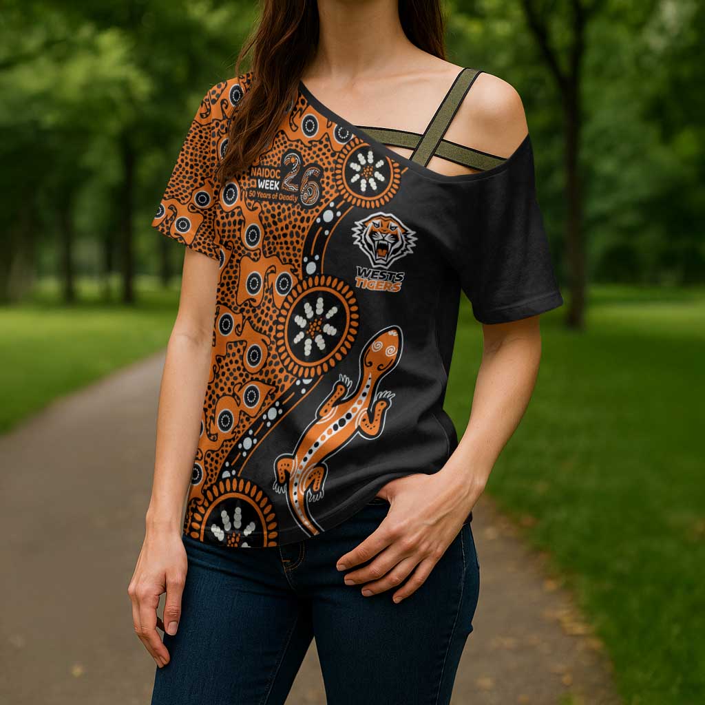 Wests Tigers NAIDOC Week 2026 Cross Shoulder Shirt Aboriginal Lizard Dot Painting - 50 Years of Deadly