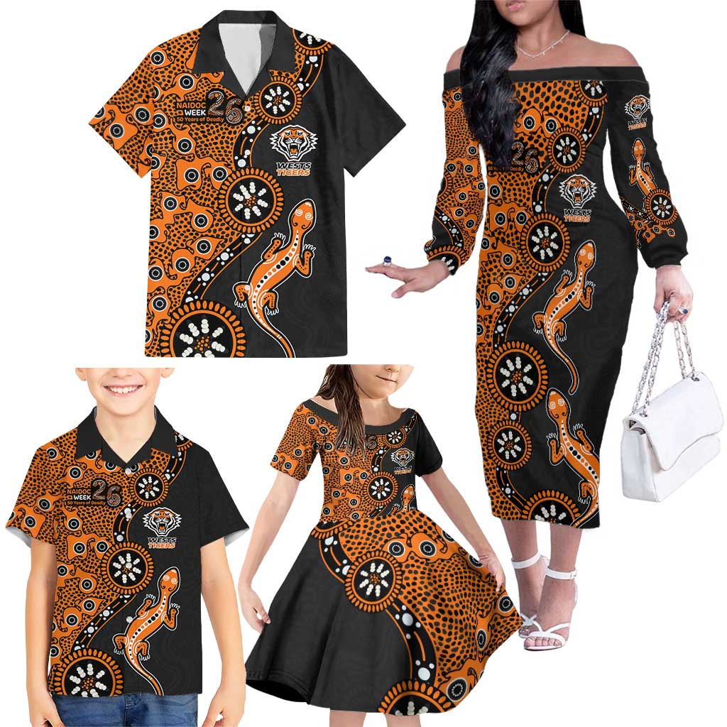 Wests Tigers NAIDOC Week 2026 Family Matching Off The Shoulder Long Sleeve Dress and Hawaiian Shirt Aboriginal Lizard Dot Painting - 50 Years of Deadly