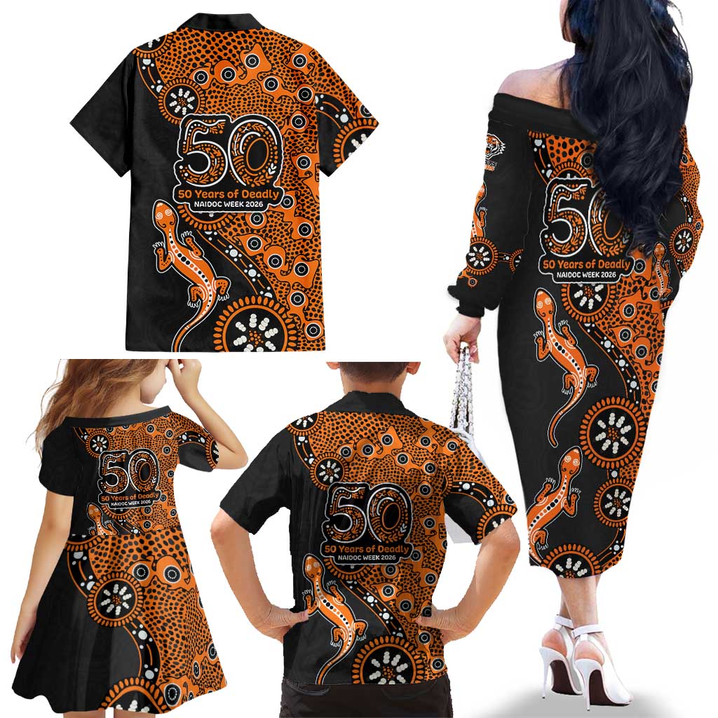 Wests Tigers NAIDOC Week 2026 Family Matching Off The Shoulder Long Sleeve Dress and Hawaiian Shirt Aboriginal Lizard Dot Painting - 50 Years of Deadly