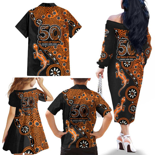 Wests Tigers NAIDOC Week 2026 Family Matching Off The Shoulder Long Sleeve Dress and Hawaiian Shirt Aboriginal Lizard Dot Painting - 50 Years of Deadly