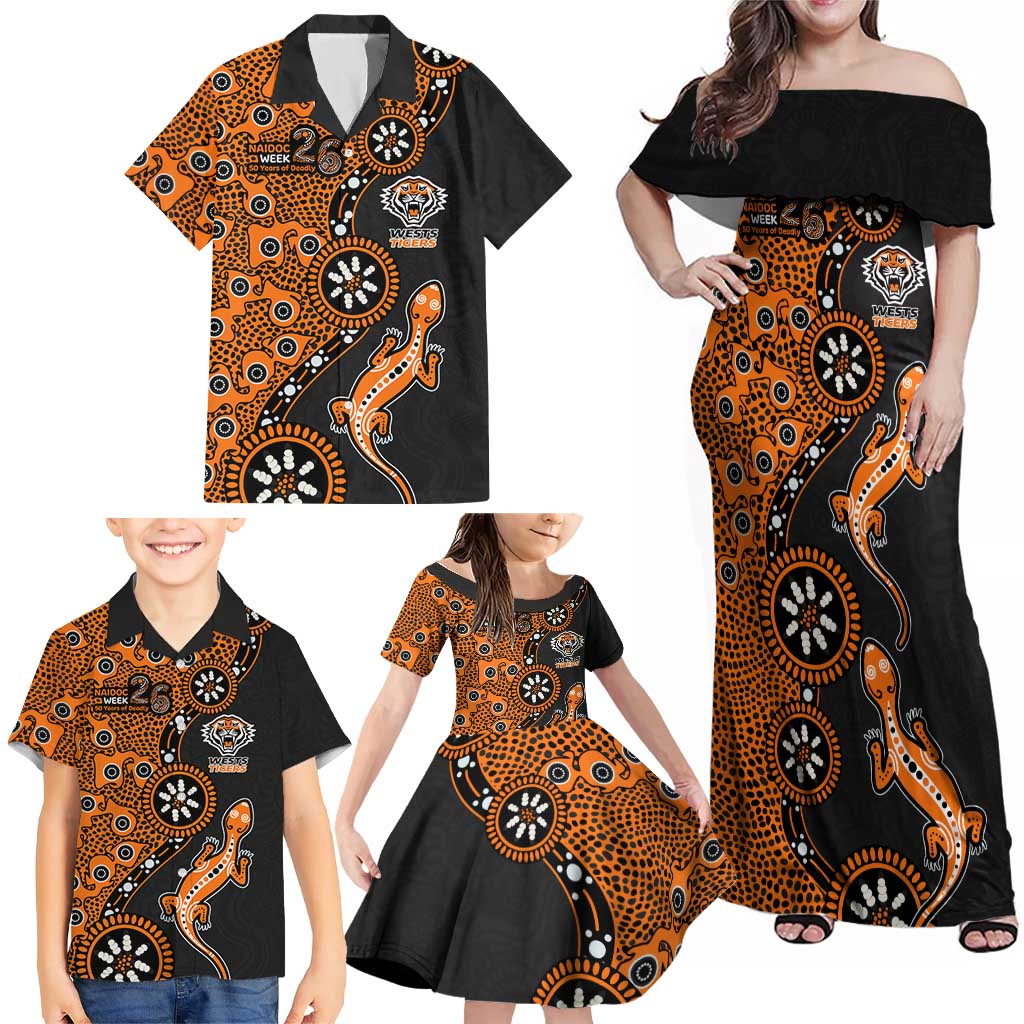 Wests Tigers NAIDOC Week 2026 Family Matching Off Shoulder Maxi Dress and Hawaiian Shirt Aboriginal Lizard Dot Painting - 50 Years of Deadly