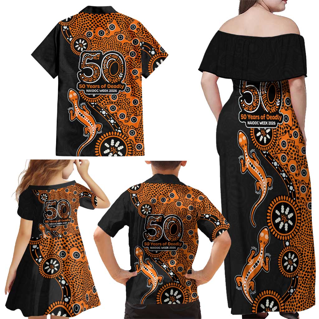 Wests Tigers NAIDOC Week 2026 Family Matching Off Shoulder Maxi Dress and Hawaiian Shirt Aboriginal Lizard Dot Painting - 50 Years of Deadly