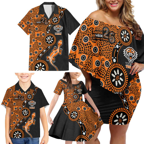 Wests Tigers NAIDOC Week 2026 Family Matching Off Shoulder Short Dress and Hawaiian Shirt Aboriginal Lizard Dot Painting - 50 Years of Deadly