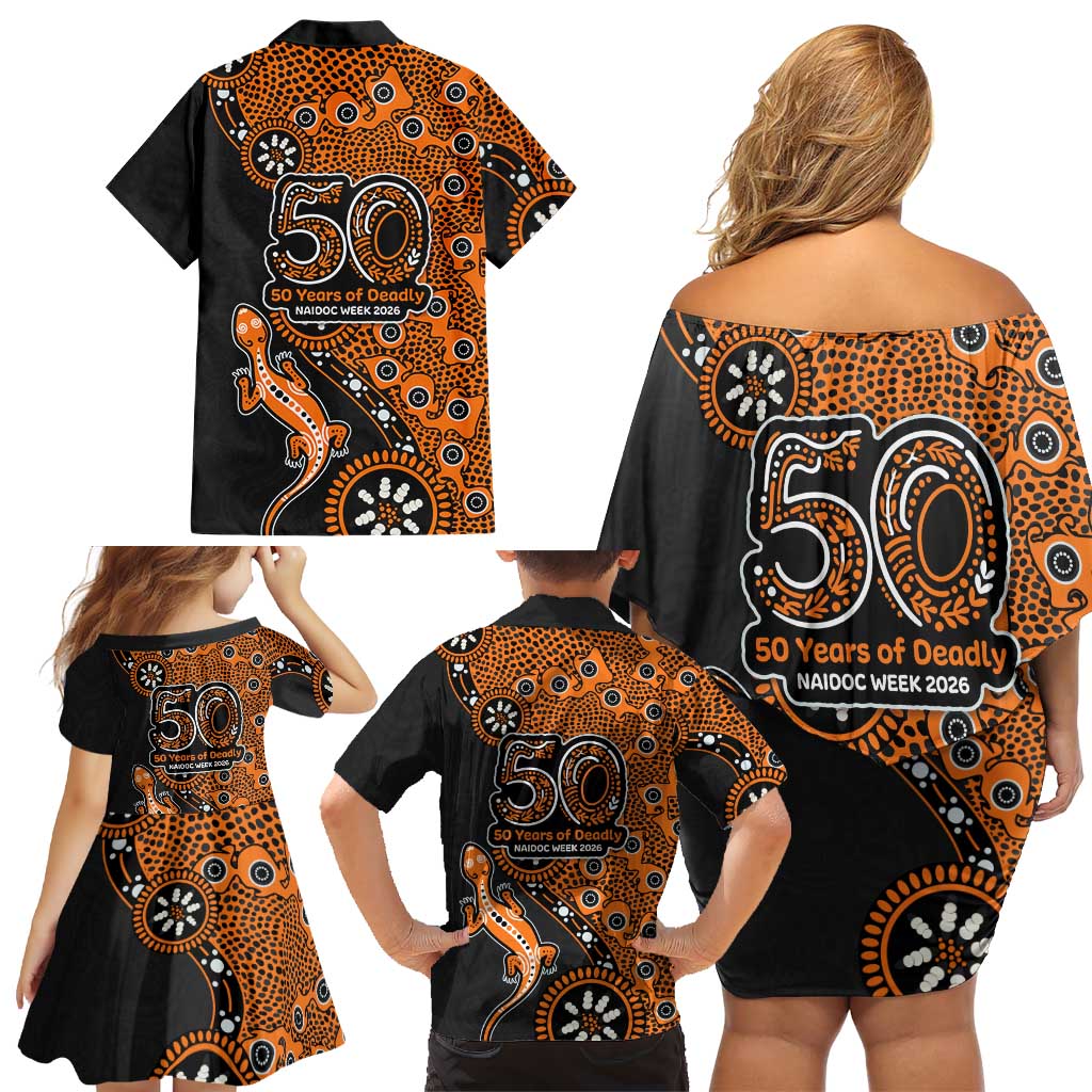 Wests Tigers NAIDOC Week 2026 Family Matching Off Shoulder Short Dress and Hawaiian Shirt Aboriginal Lizard Dot Painting - 50 Years of Deadly
