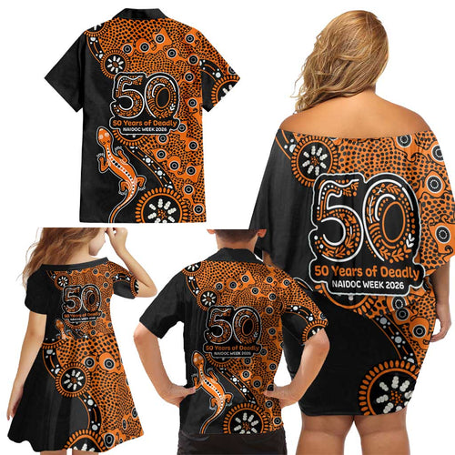Wests Tigers NAIDOC Week 2026 Family Matching Off Shoulder Short Dress and Hawaiian Shirt Aboriginal Lizard Dot Painting - 50 Years of Deadly