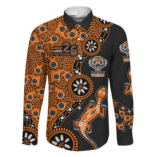 Wests Tigers NAIDOC Week 2026 Family Matching Off Shoulder Short Dress and Hawaiian Shirt Aboriginal Lizard Dot Painting - 50 Years of Deadly