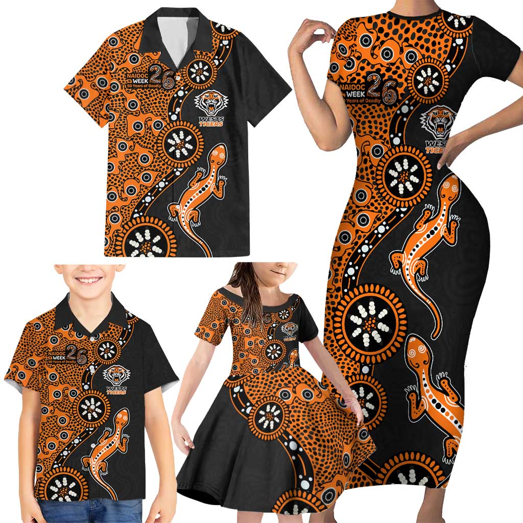 Wests Tigers NAIDOC Week 2026 Family Matching Short Sleeve Bodycon Dress and Hawaiian Shirt Aboriginal Lizard Dot Painting - 50 Years of Deadly