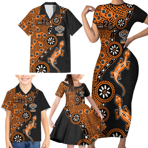 Wests Tigers NAIDOC Week 2026 Family Matching Short Sleeve Bodycon Dress and Hawaiian Shirt Aboriginal Lizard Dot Painting - 50 Years of Deadly