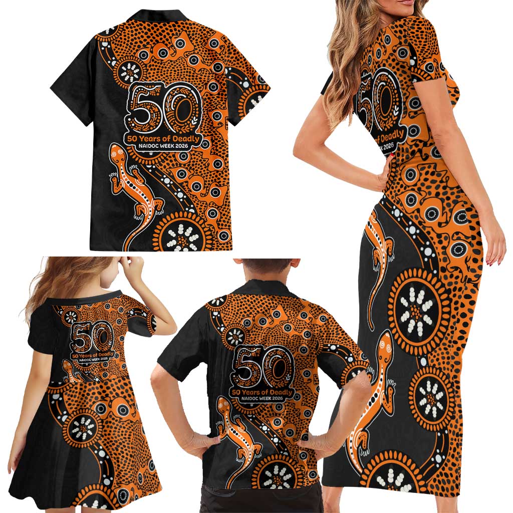 Wests Tigers NAIDOC Week 2026 Family Matching Short Sleeve Bodycon Dress and Hawaiian Shirt Aboriginal Lizard Dot Painting - 50 Years of Deadly