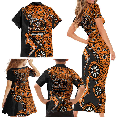 Wests Tigers NAIDOC Week 2026 Family Matching Short Sleeve Bodycon Dress and Hawaiian Shirt Aboriginal Lizard Dot Painting - 50 Years of Deadly