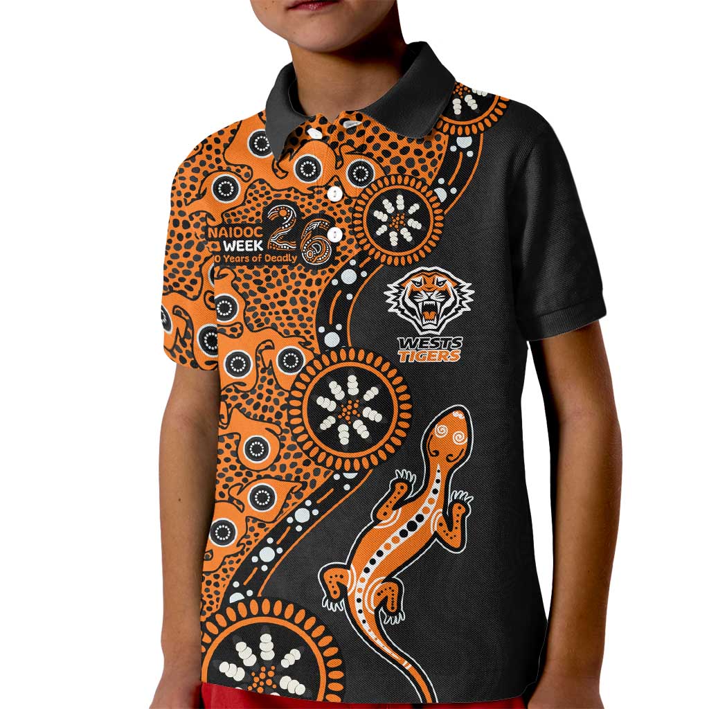 Wests Tigers NAIDOC Week 2026 Kid Polo Shirt Aboriginal Lizard Dot Painting - 50 Years of Deadly