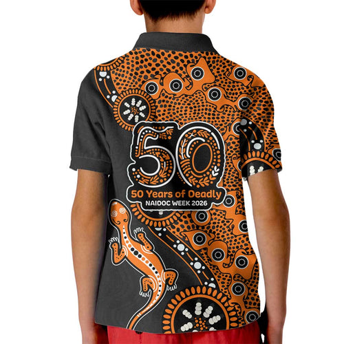 Wests Tigers NAIDOC Week 2026 Kid Polo Shirt Aboriginal Lizard Dot Painting - 50 Years of Deadly
