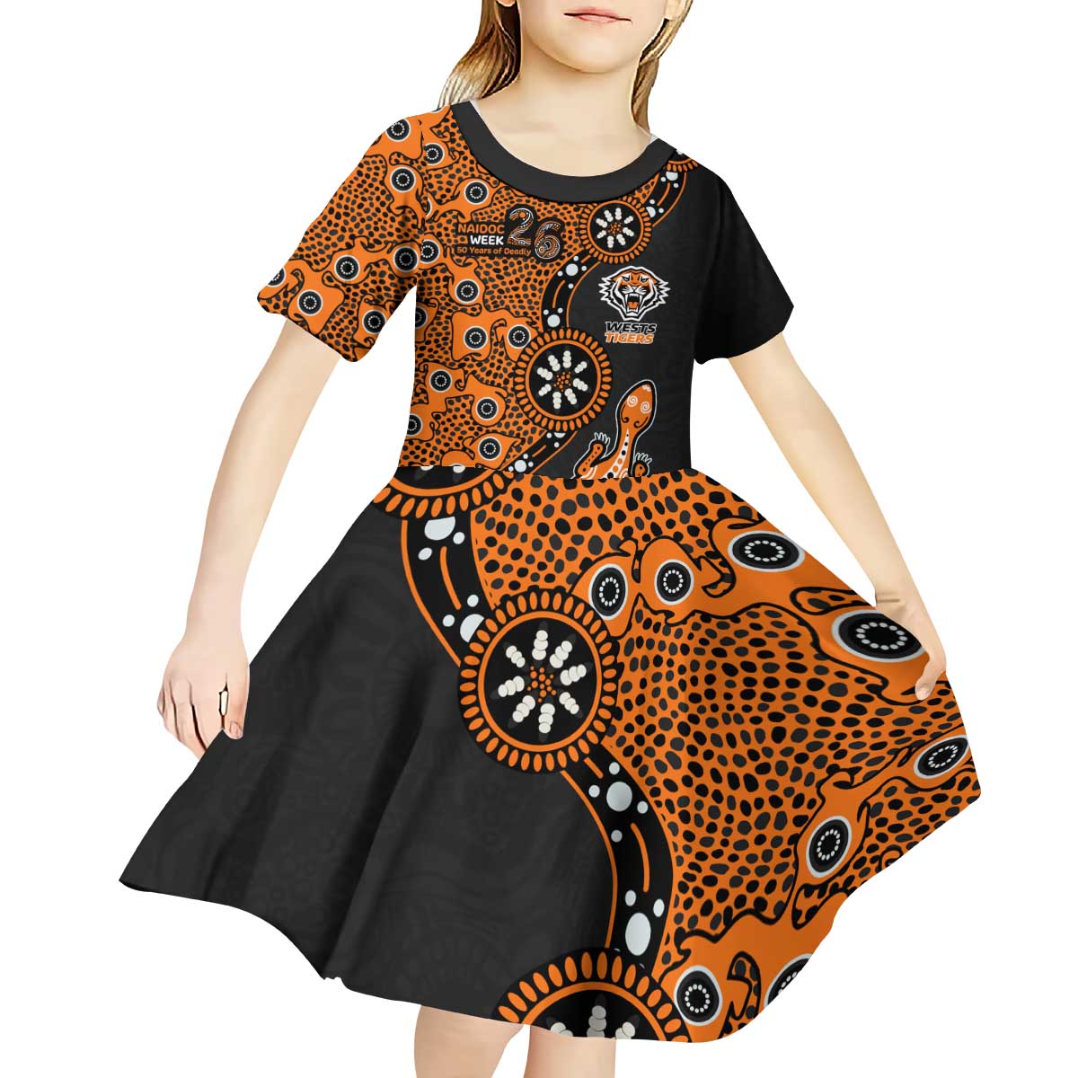 Wests Tigers NAIDOC Week 2026 Kid Short Sleeve Dress Aboriginal Lizard Dot Painting - 50 Years of Deadly