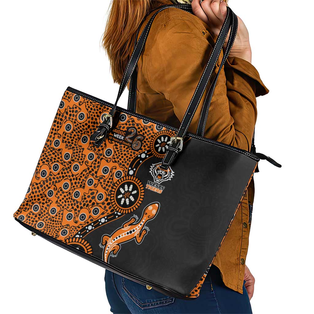 Wests Tigers NAIDOC Week 2026 Leather Tote Bag Aboriginal Lizard Dot Painting - 50 Years of Deadly