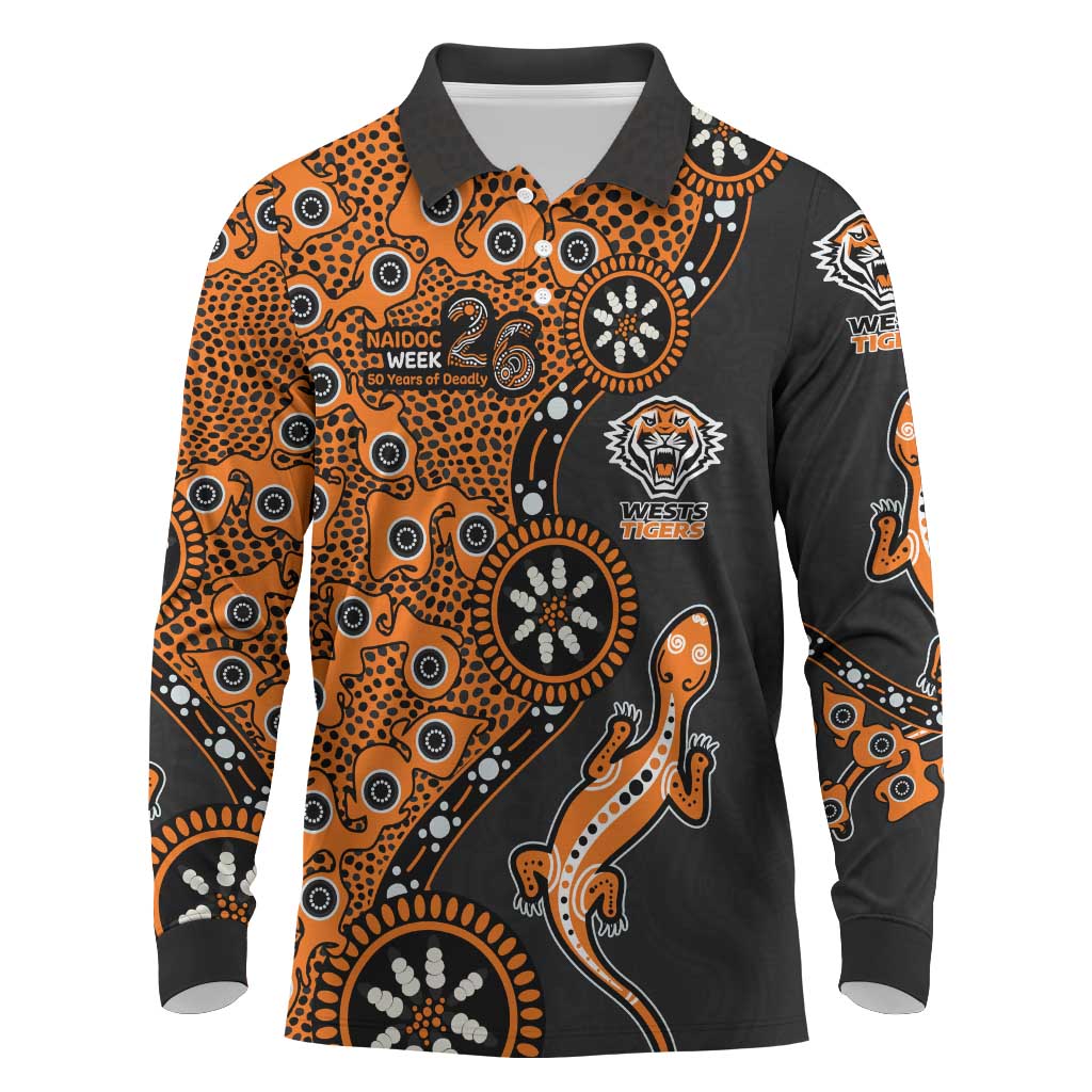 Wests Tigers NAIDOC Week 2026 Long Sleeve Polo Shirt Aboriginal Lizard Dot Painting - 50 Years of Deadly