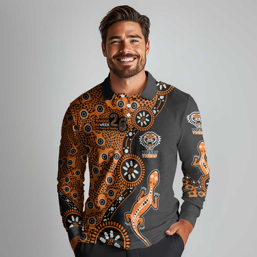 Wests Tigers NAIDOC Week 2026 Long Sleeve Polo Shirt Aboriginal Lizard Dot Painting - 50 Years of Deadly