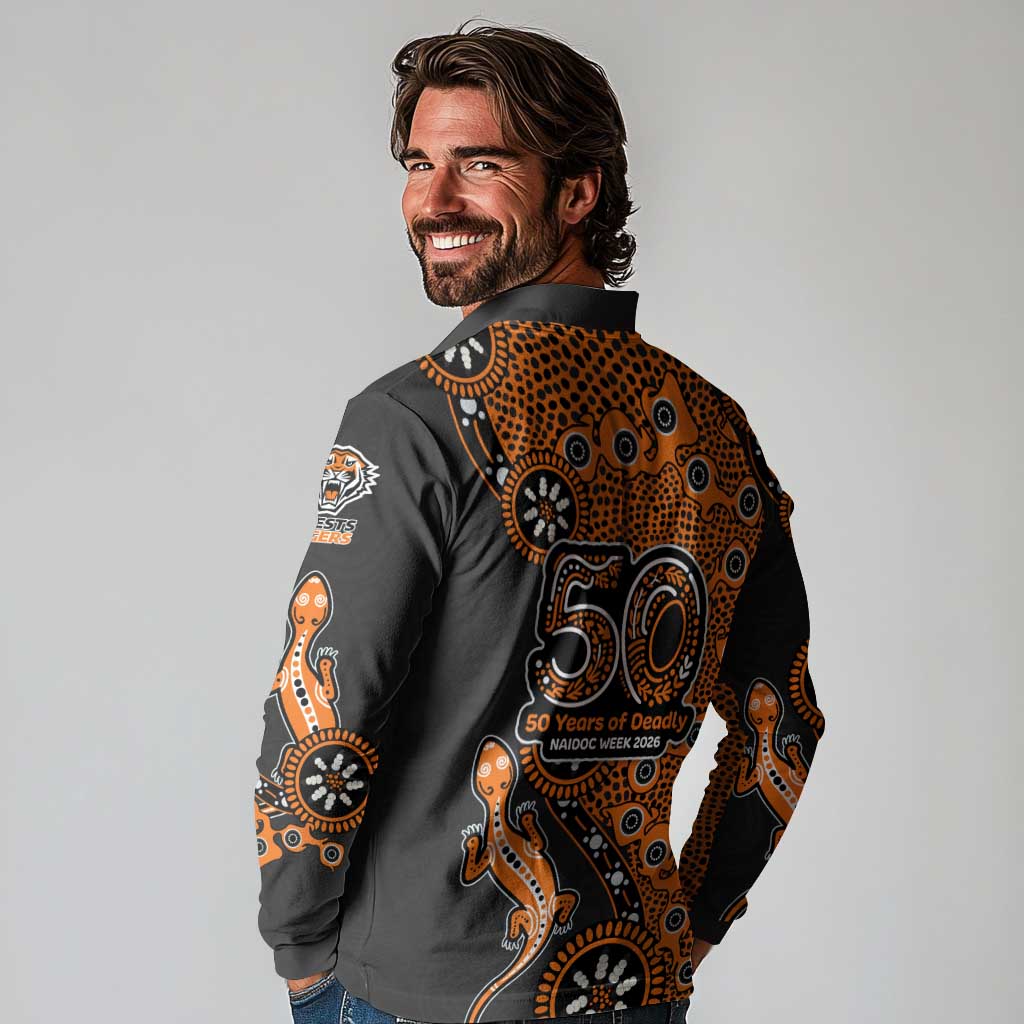 Wests Tigers NAIDOC Week 2026 Long Sleeve Polo Shirt Aboriginal Lizard Dot Painting - 50 Years of Deadly
