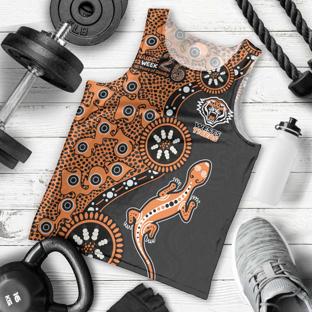 Wests Tigers NAIDOC Week 2026 Men Tank Top Aboriginal Lizard Dot Painting - 50 Years of Deadly