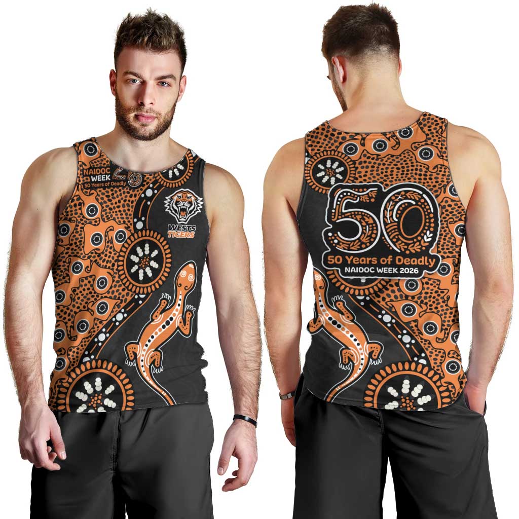Wests Tigers NAIDOC Week 2026 Men Tank Top Aboriginal Lizard Dot Painting - 50 Years of Deadly